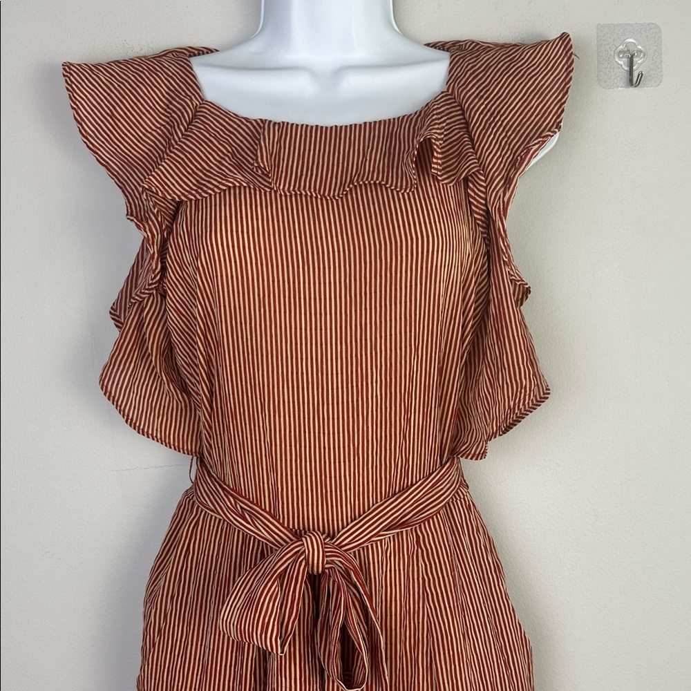 Anthropologie Eva Franco Ruffle Striped Jumpsuit in Terracotta Small Pockets - Picture 4 of 16